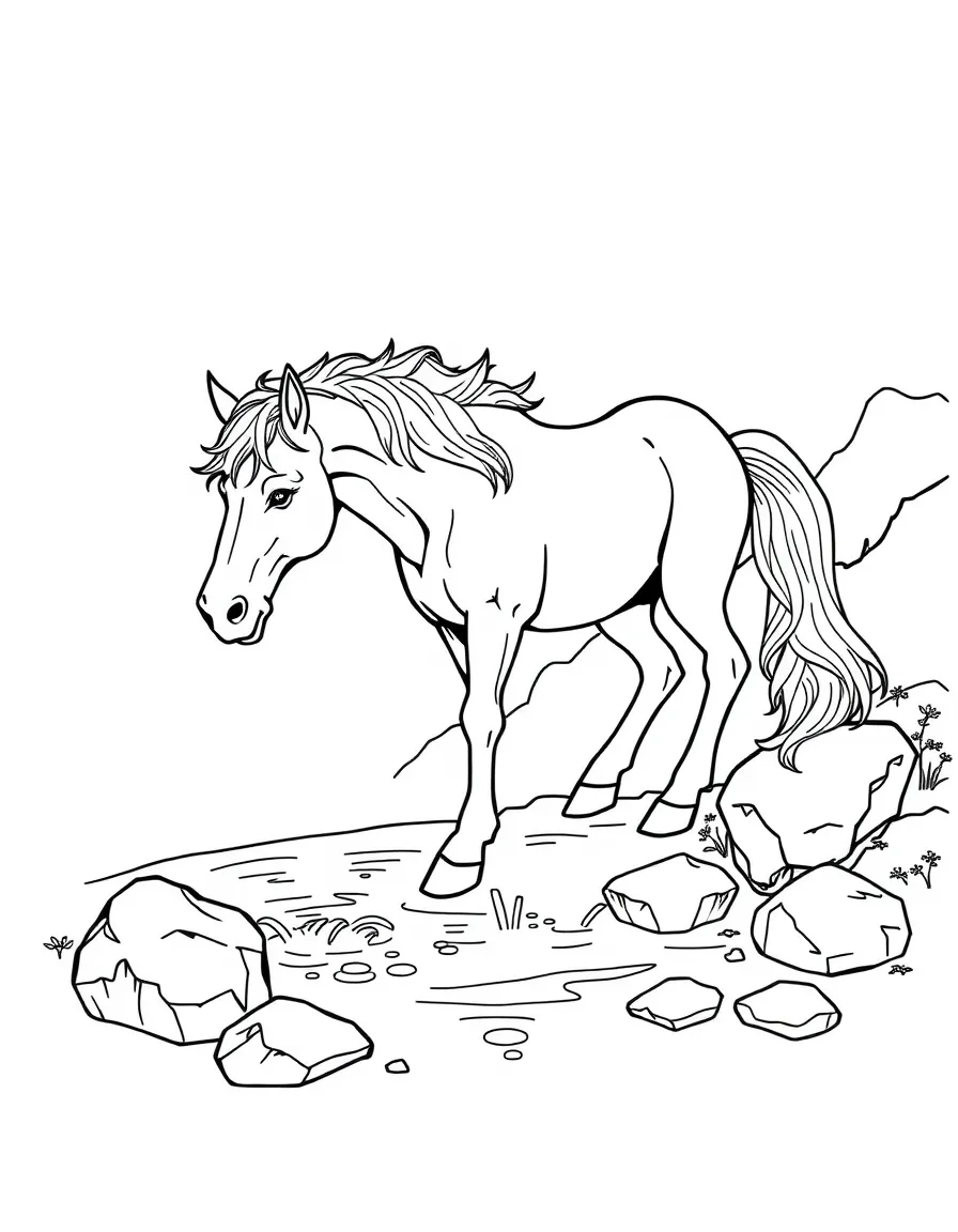(Chinese Zodiac) Horse drinking from mountain stream with rocks around