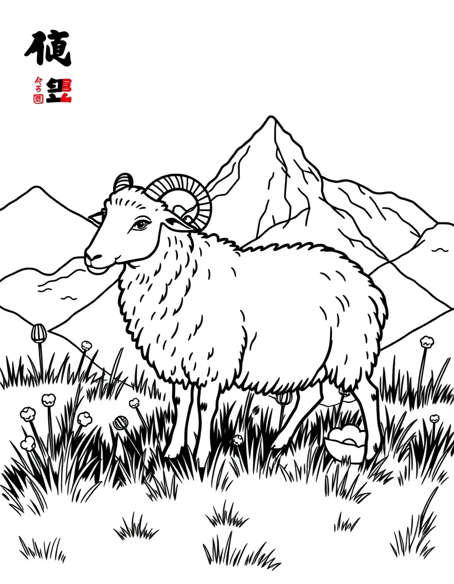 (Chinese Zodiac) Sheep grazing in alpine meadow with mountain outline