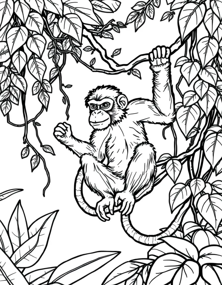 (Chinese Zodiac) Monkey in jungle canopy with vines and tropical leaves