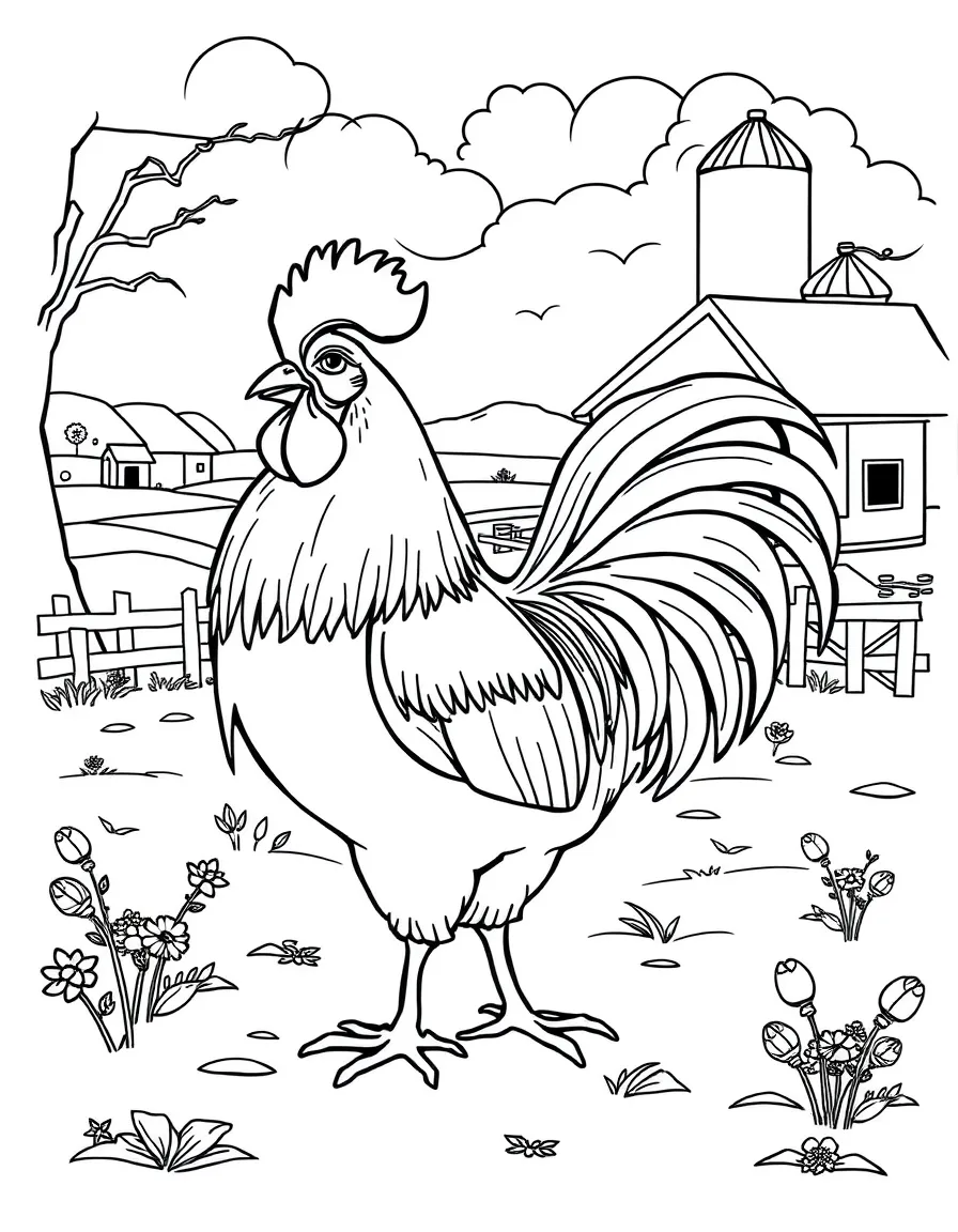 (Chinese Zodiac) Rooster in farmyard with barn and silo in background