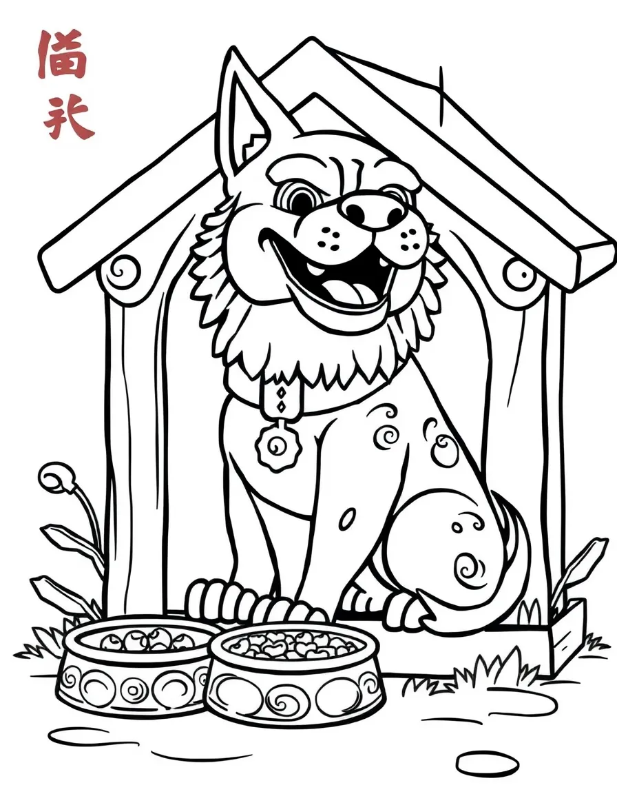 (Chinese Zodiac) Dog in doghouse with bone and food bowl nearby