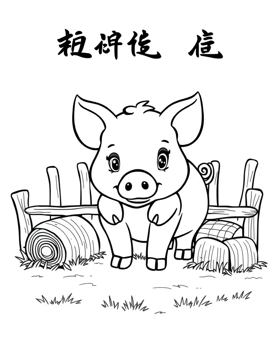 (Chinese Zodiac) Pig in barnyard with fence and hay bales around
