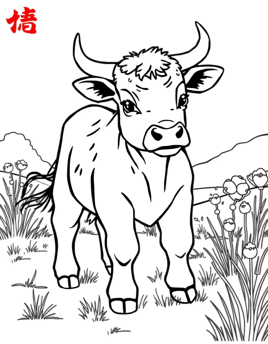 (Chinese Zodiac) Young ox calf taking first steps in pasture