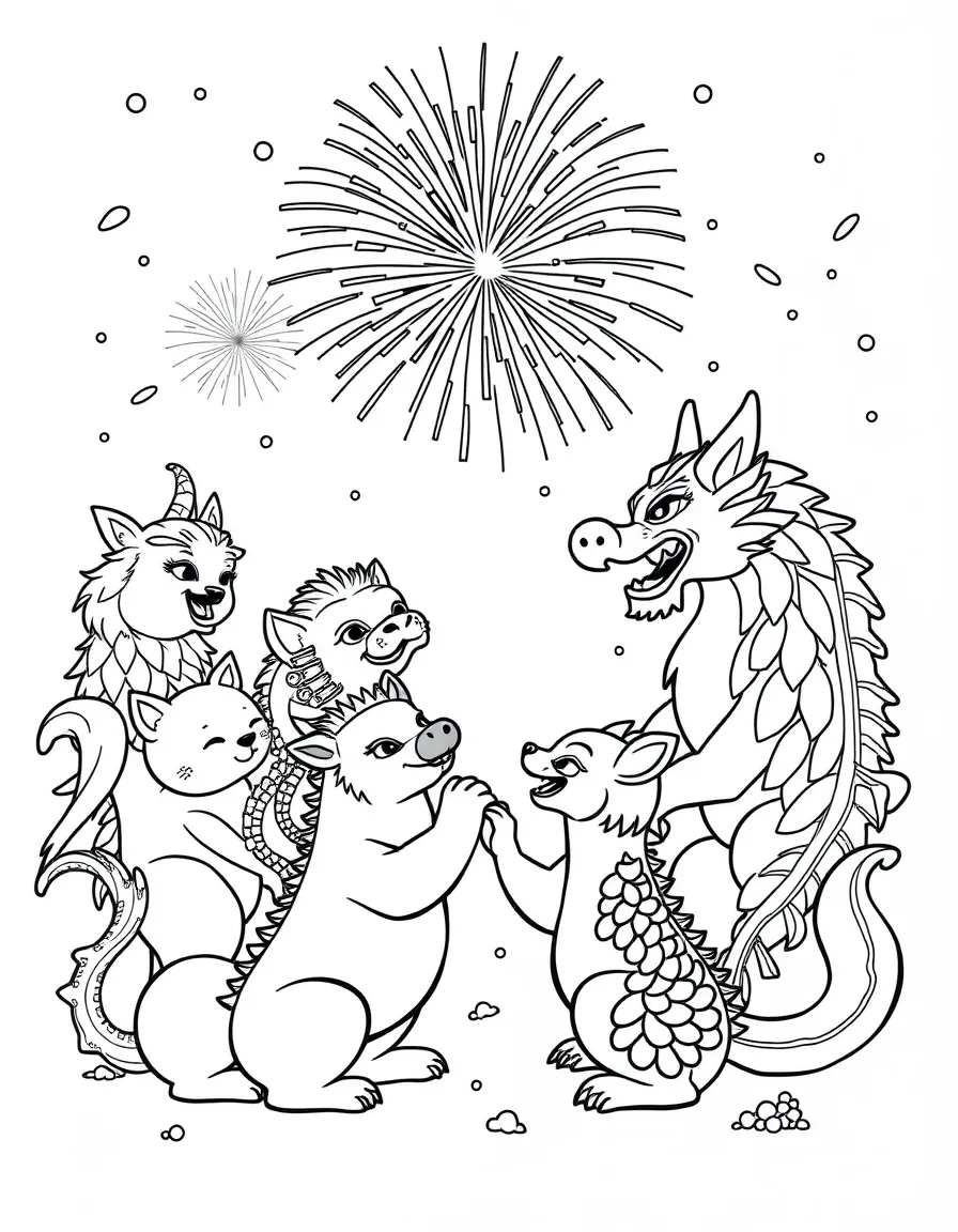 (Chinese Zodiac) Grand finale scene with all animals celebrating friendship under fireworks