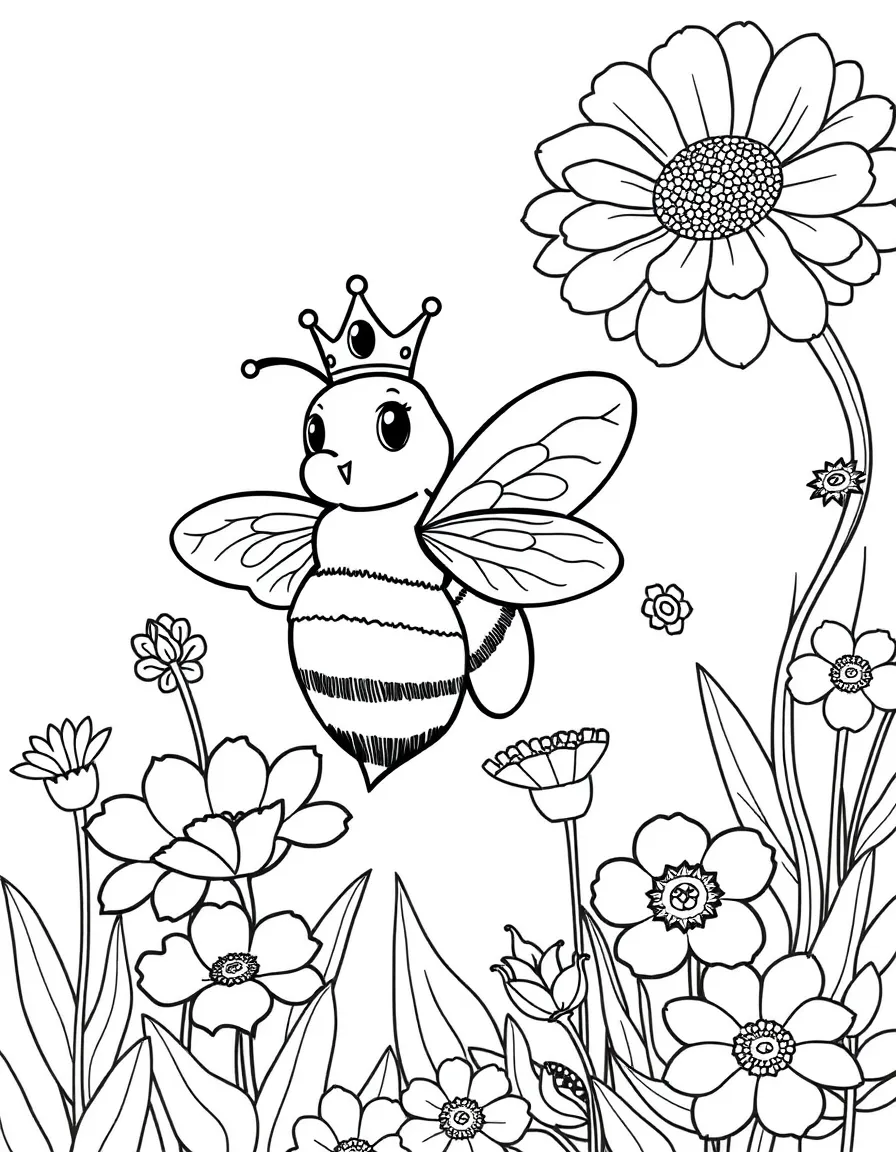 Q is for Queen bee in a royal flower garden