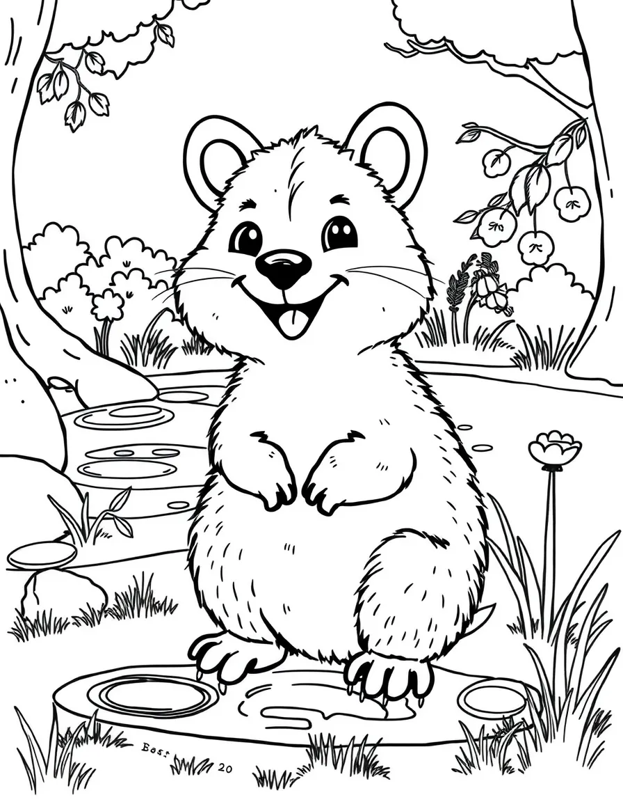 Q is for Quokka smiling near a pond