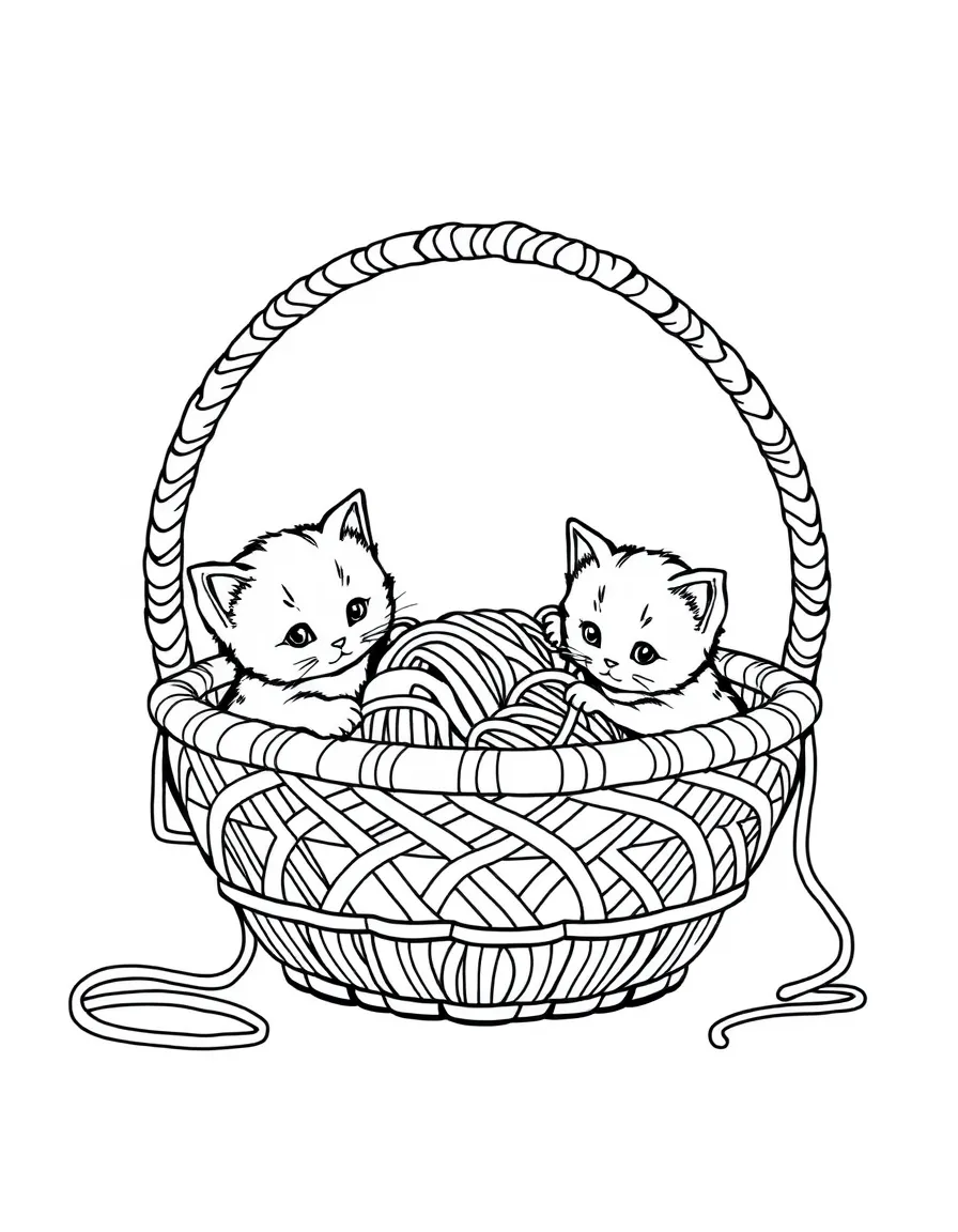 Y is for Yarn basket with kittens playing