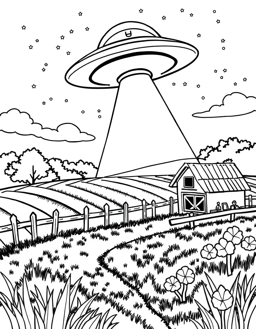 U is for UFO visiting a farm at night