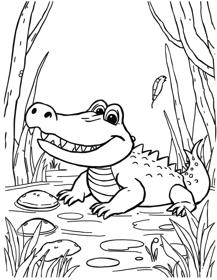 (letter card) A is for Alligator smiling in the swamp