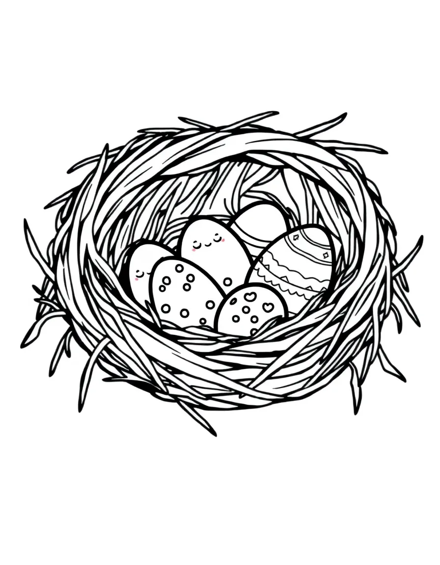 (letter card) E is for Eggs in a cozy nest