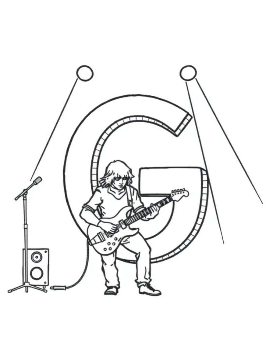 (letter card) G is for Guitar playing music on stage