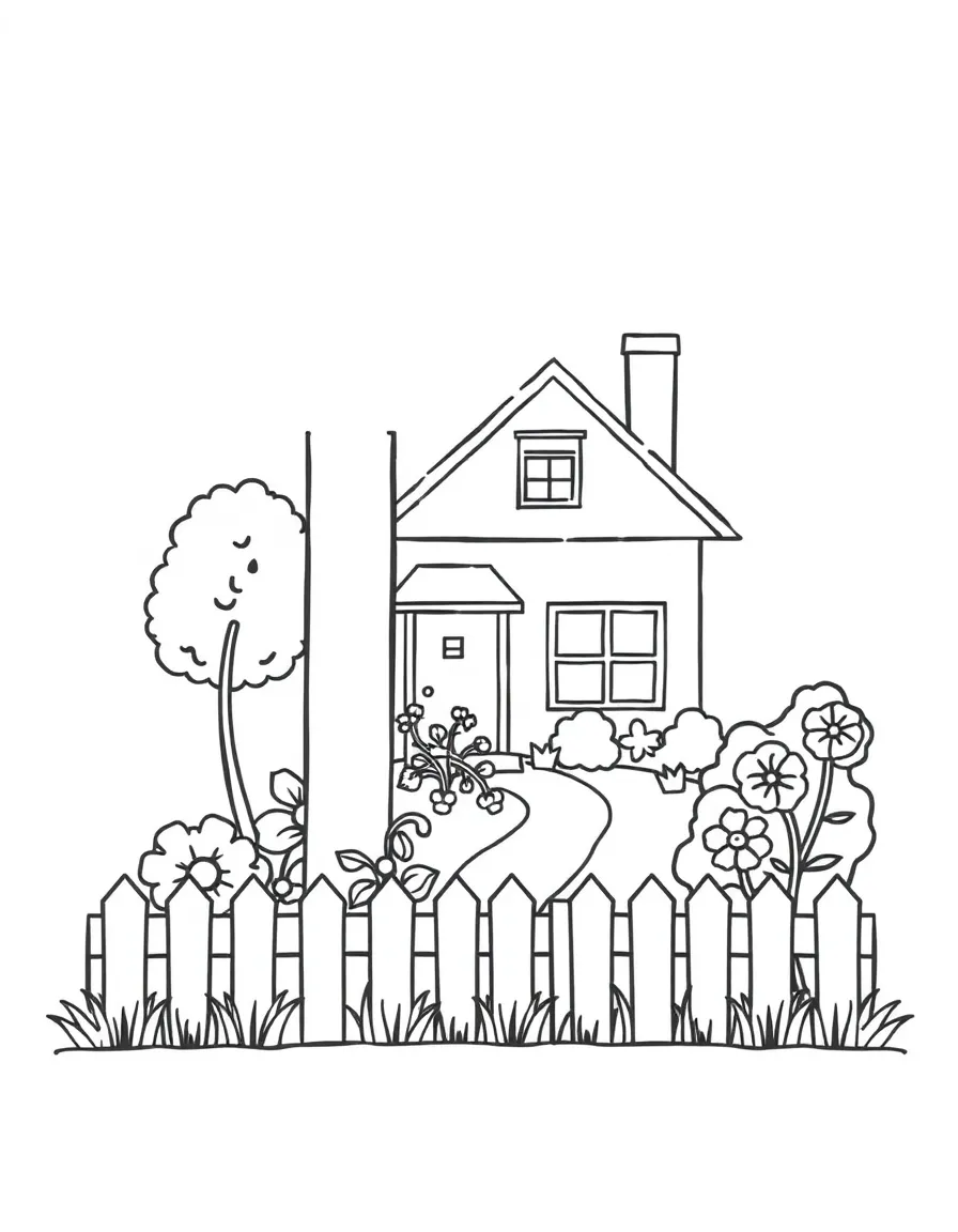 (letter card) H is for House with a garden and picket fence