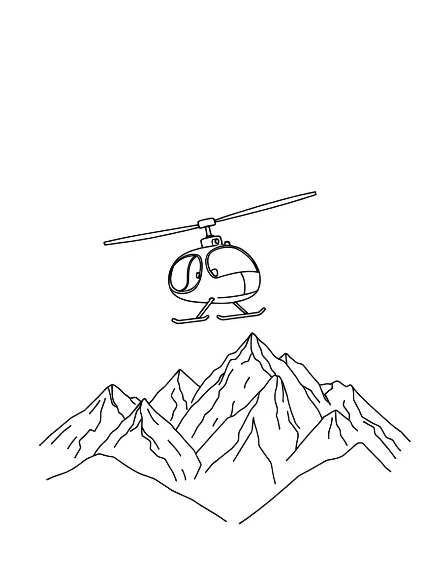 (letter card) H is for Helicopter flying over mountains