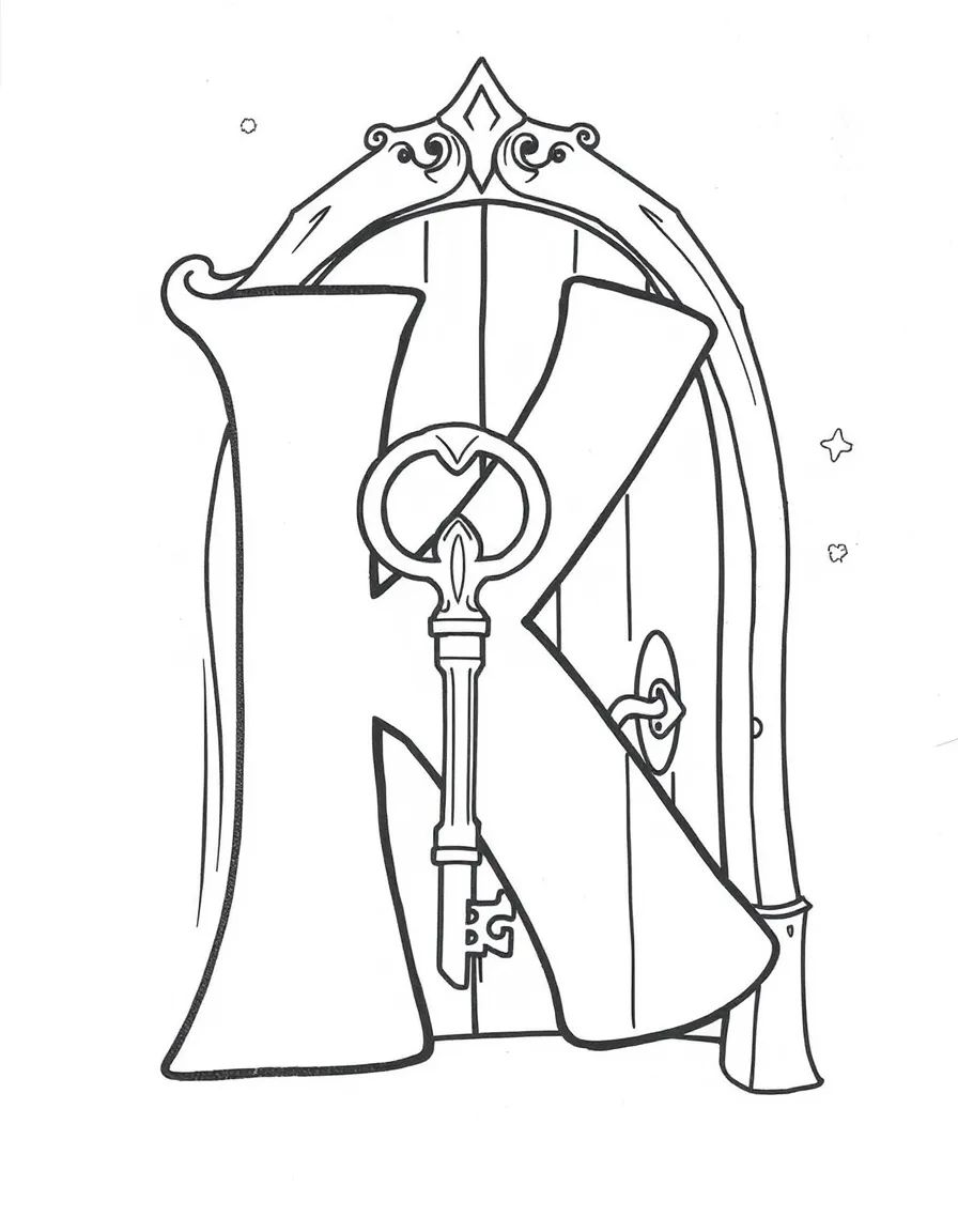 (letter card) K is for Key unlocking a magical door