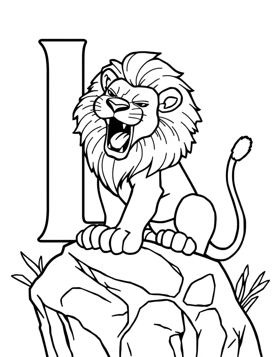 (letter card) L is for Lion roaring on a rock