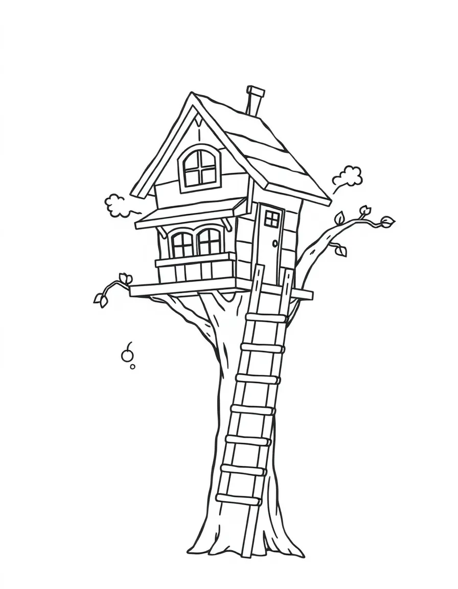 (letter card) L is for Ladder leaning on a treehouse