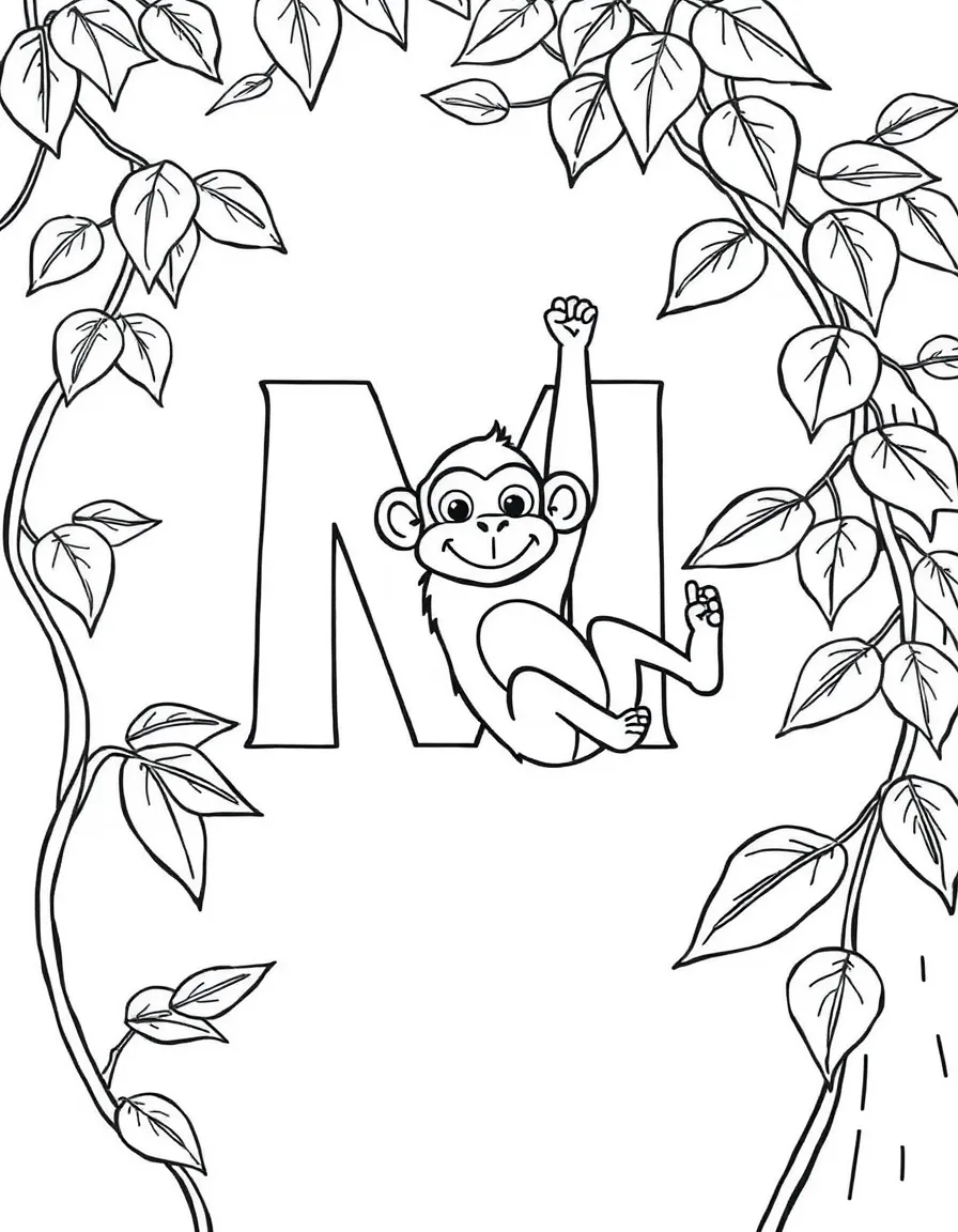 (letter card) M is for Monkey swinging from a vine