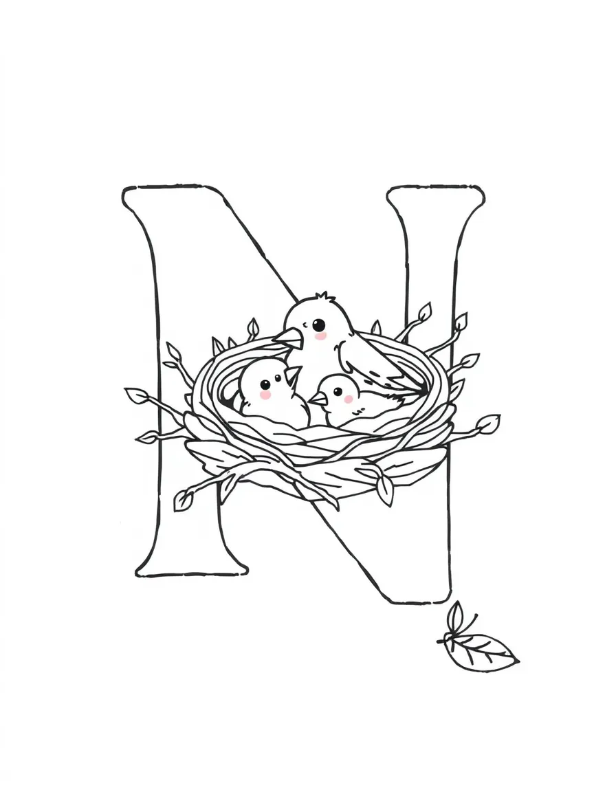 (letter card) N is for Nest with baby birds and a parent bird