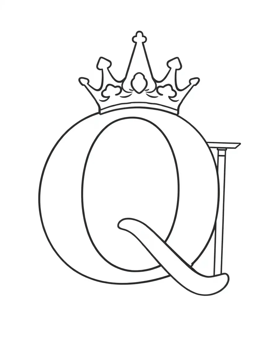 (letter card) Q is for Queen with a crown and a scepter