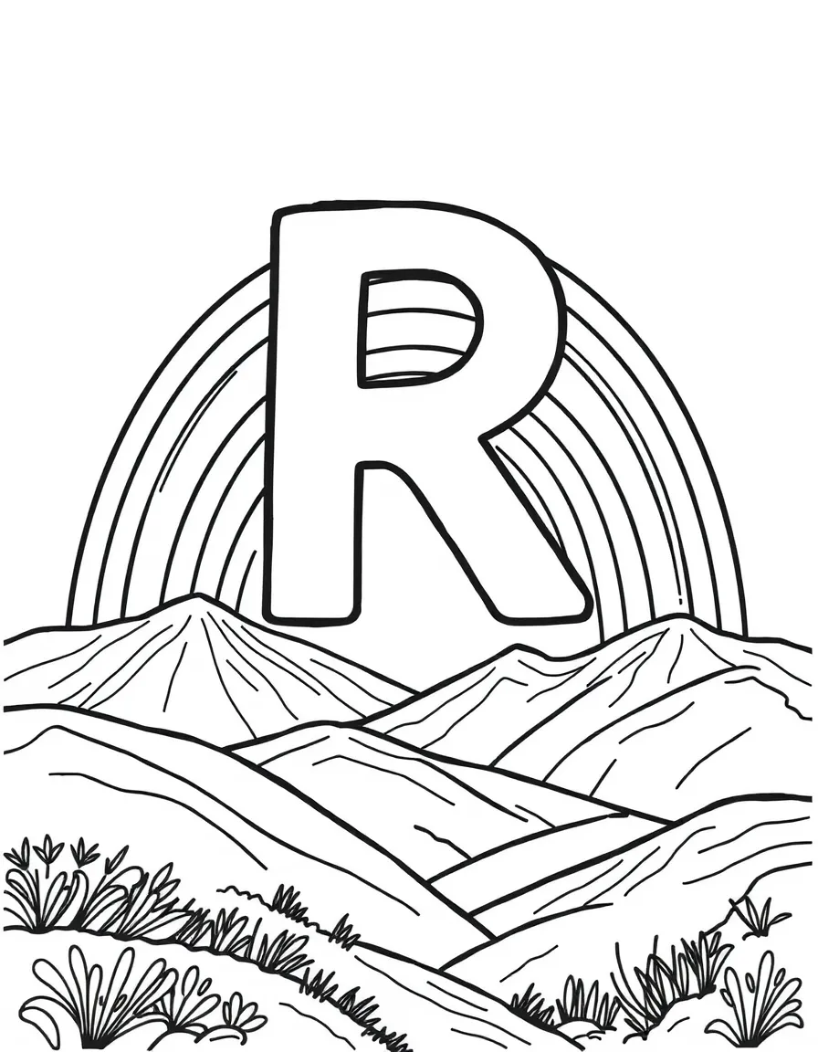 (letter card) R is for Rainbow stretching over hills