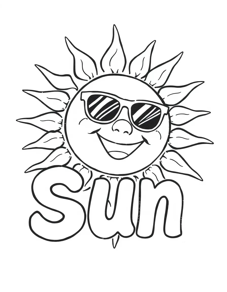 (letter card) S is for Sun smiling with sunglasses