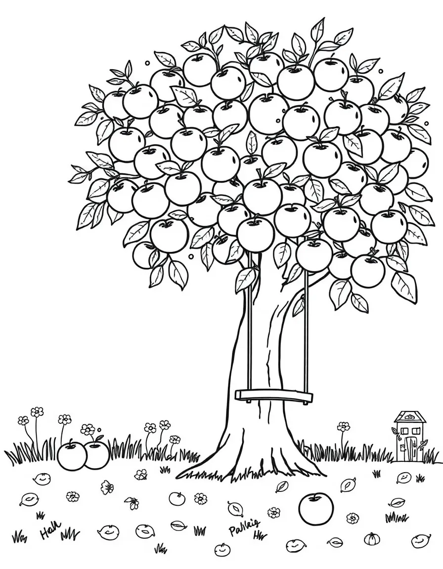 (letter card) T is for Tree full of apples and a swing