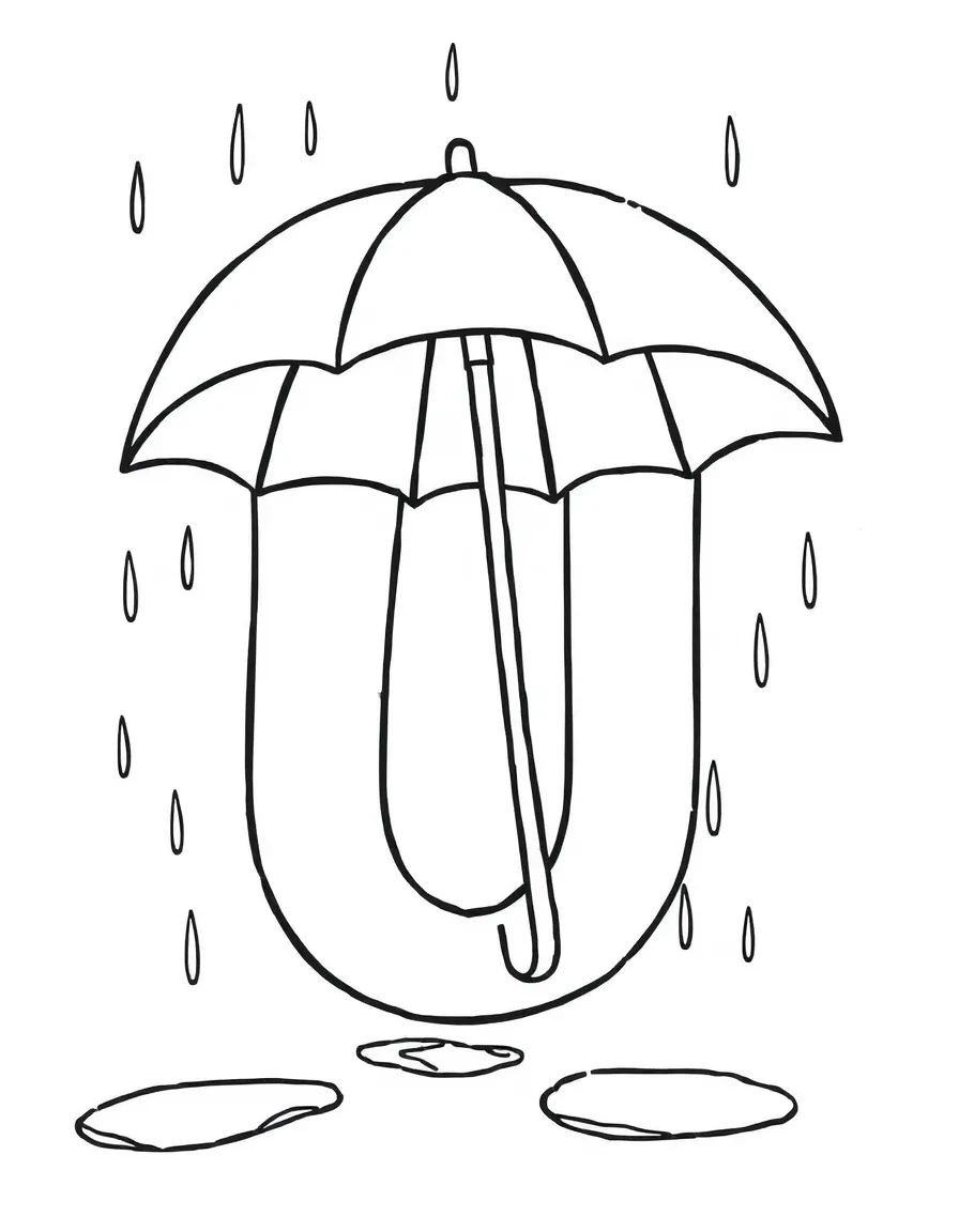 (letter card) U is for Umbrella in the rain with puddles