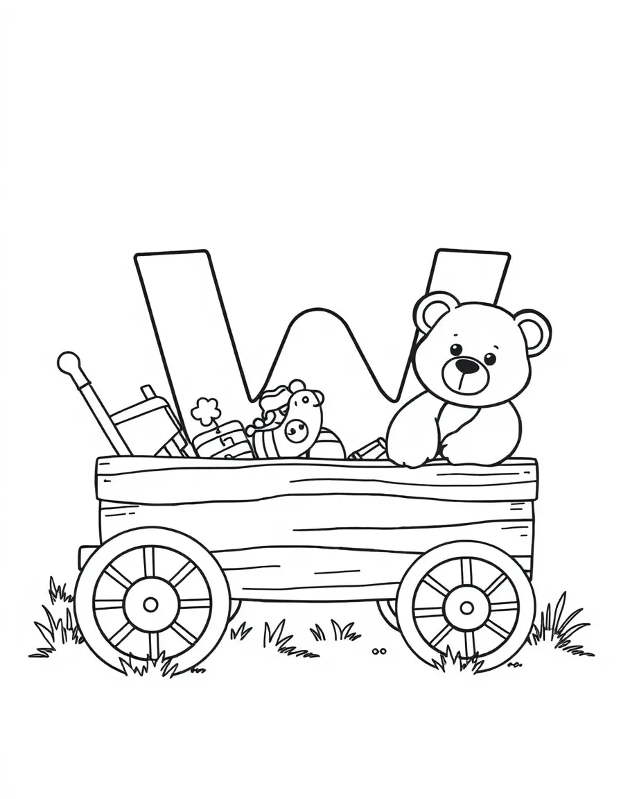 (letter card) W is for Wagon with toys and a teddy bear