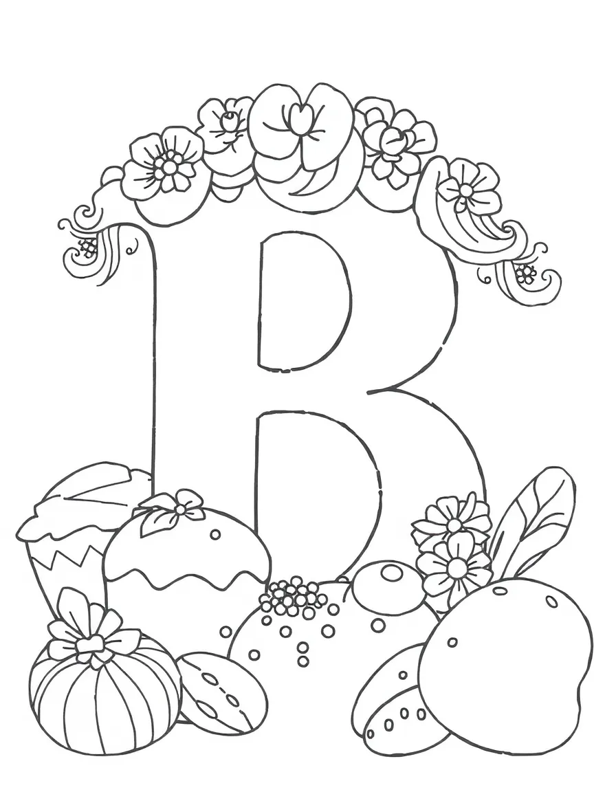 (letter card) B is for Bakery with cakes and bread