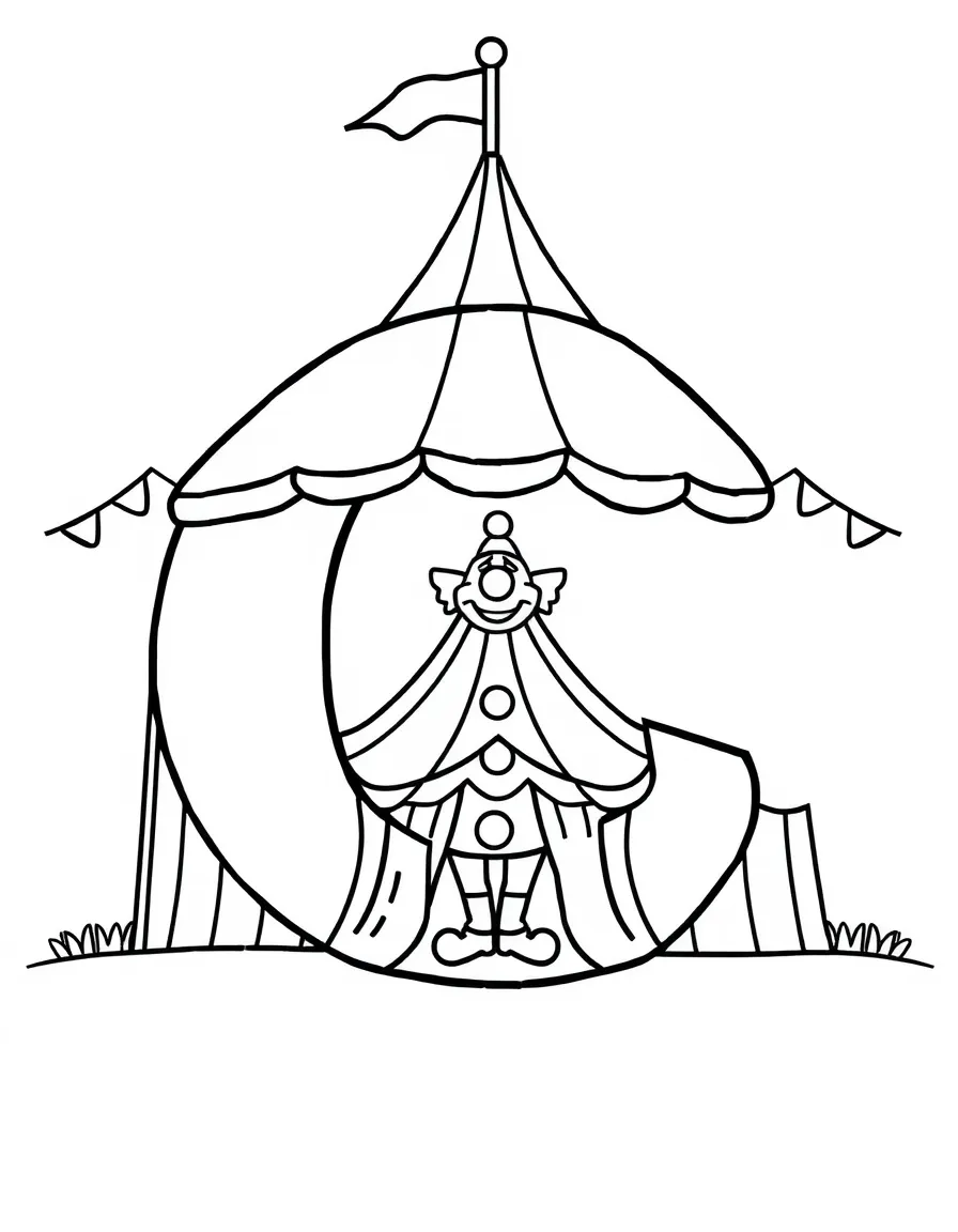 (letter card) C is for Circus with a clown and tent