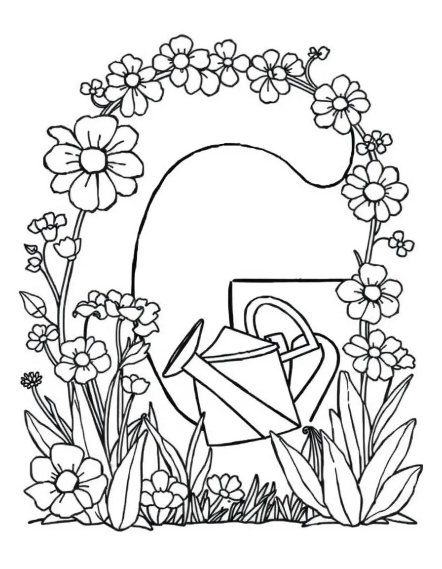 (letter card) G is for Garden with flowers and a watering can