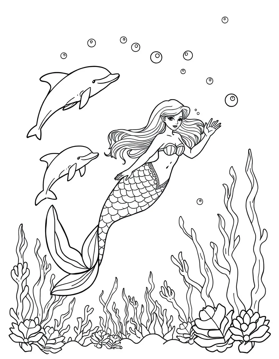 (letter card) M is for Mermaid swimming with dolphins