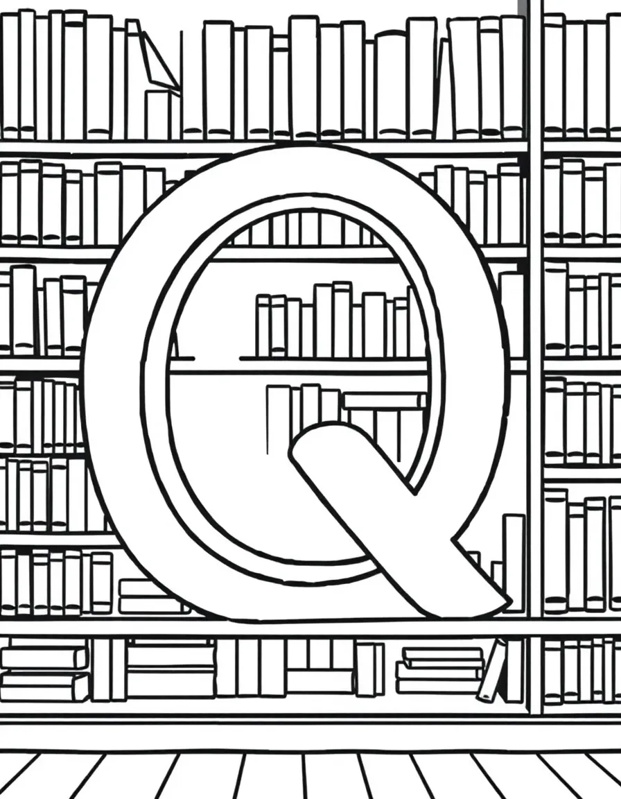 (letter card) Q is for Quiet library with books on shelves