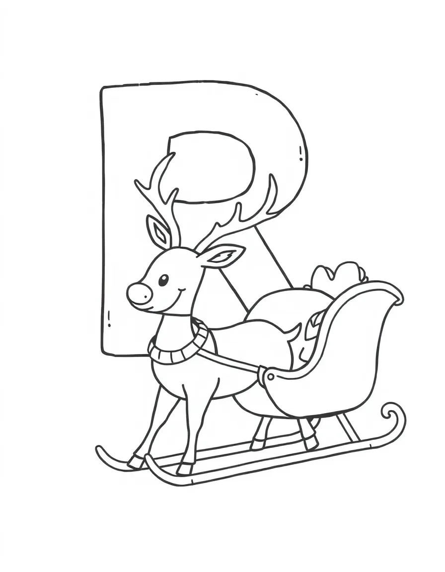 (letter card) R is for Reindeer pulling a sleigh