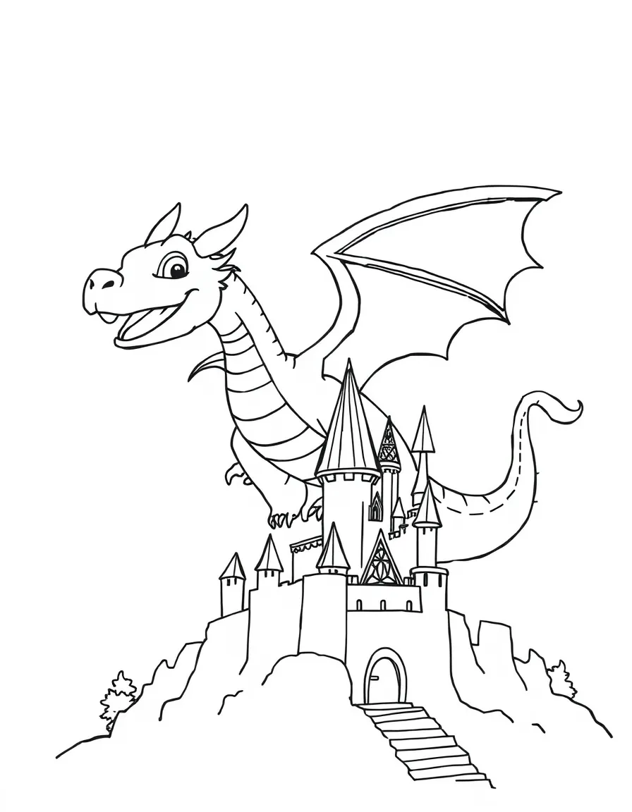 A friendly dragon flying over a castle.