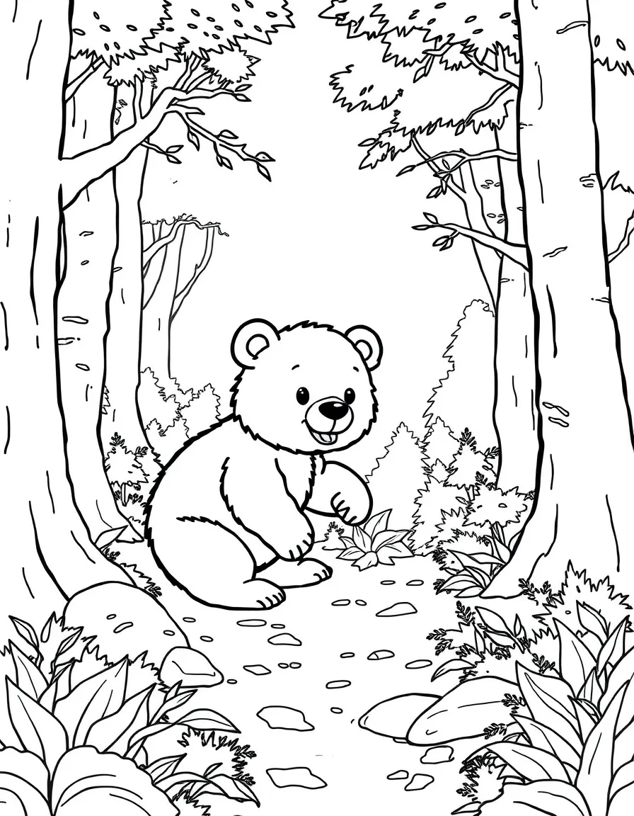 A curious little bear exploring a forest.