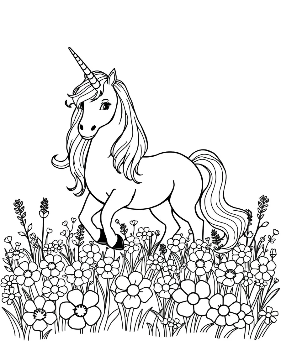 A magical unicorn in a field of flowers.