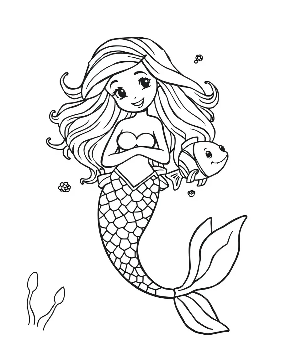 A playful mermaid swimming with fish.