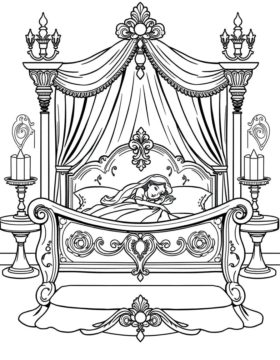 A sleeping beauty in a grand bed.