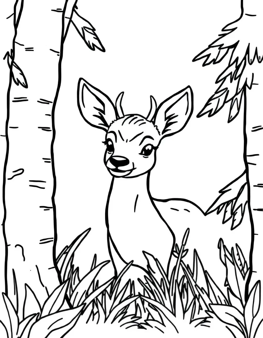 A shy deer peeking through trees.