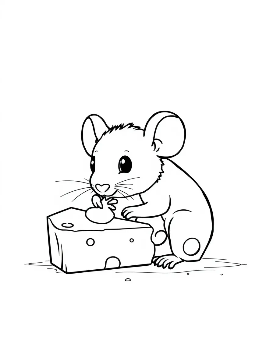 A tiny mouse nibbling cheese.