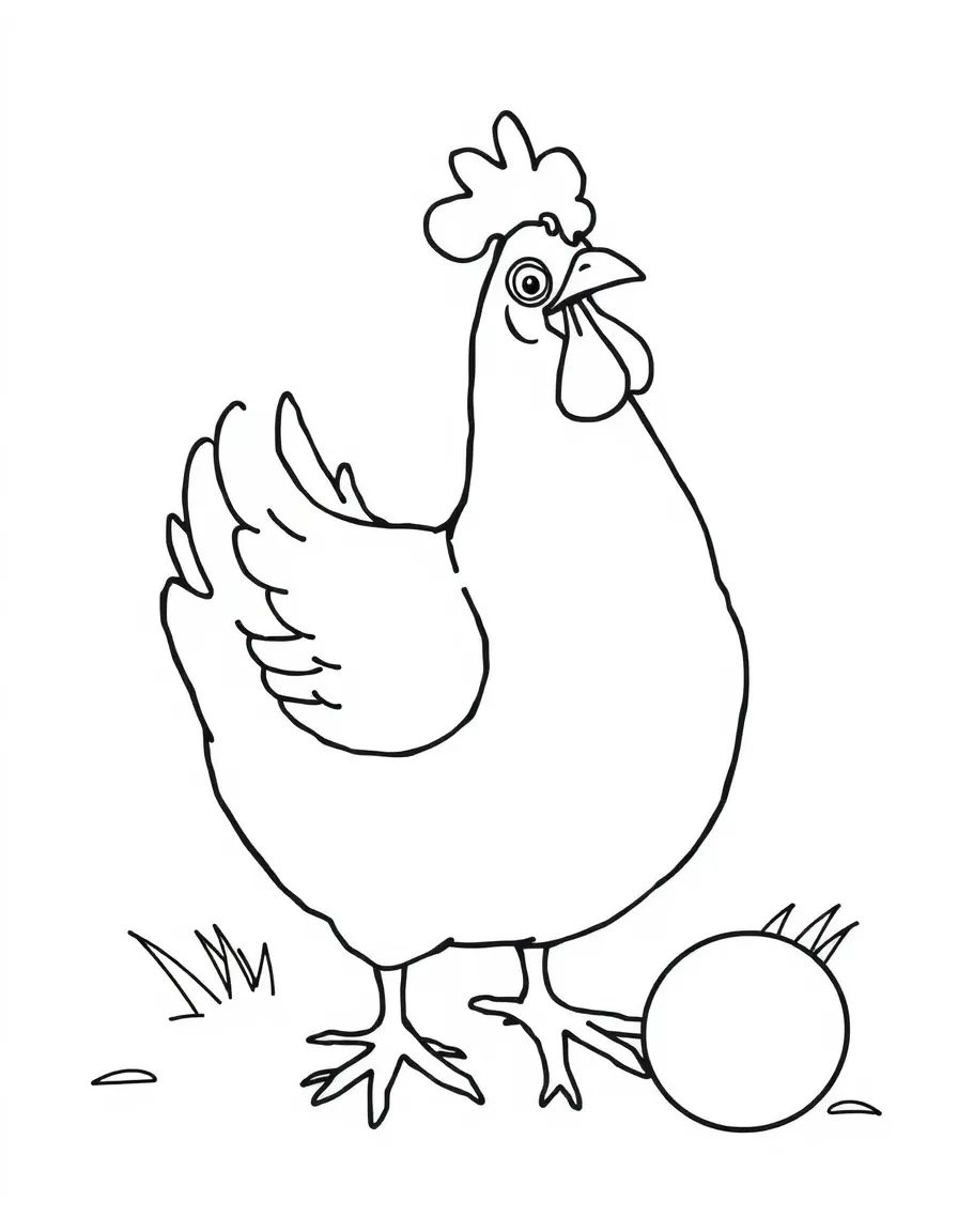 A clucking chicken laying an egg.