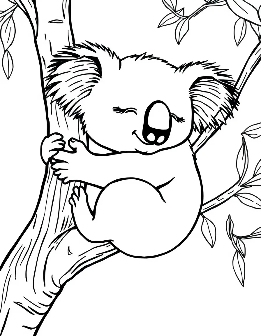A sleepy koala hugging a tree.