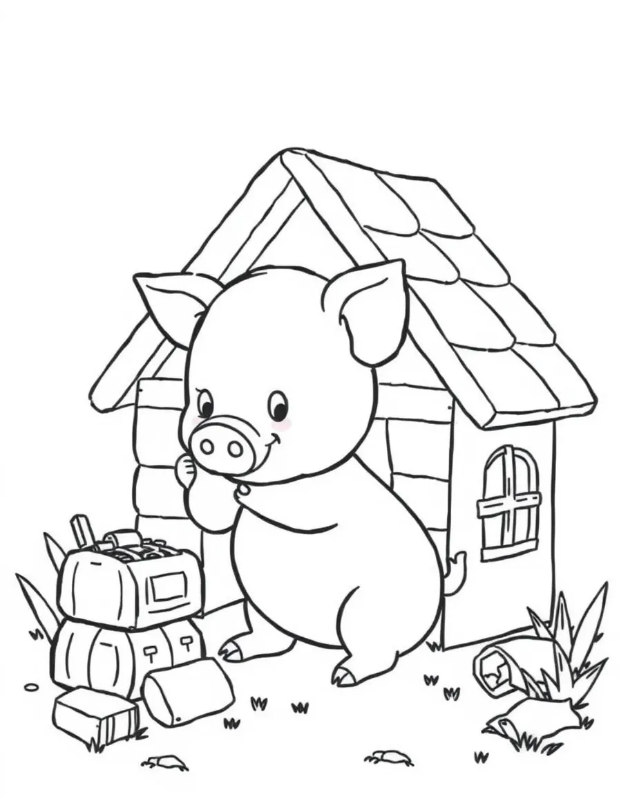A little pig building a house.