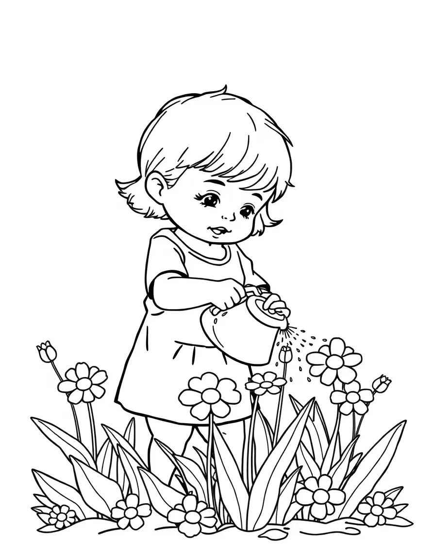 A child watering flowers.