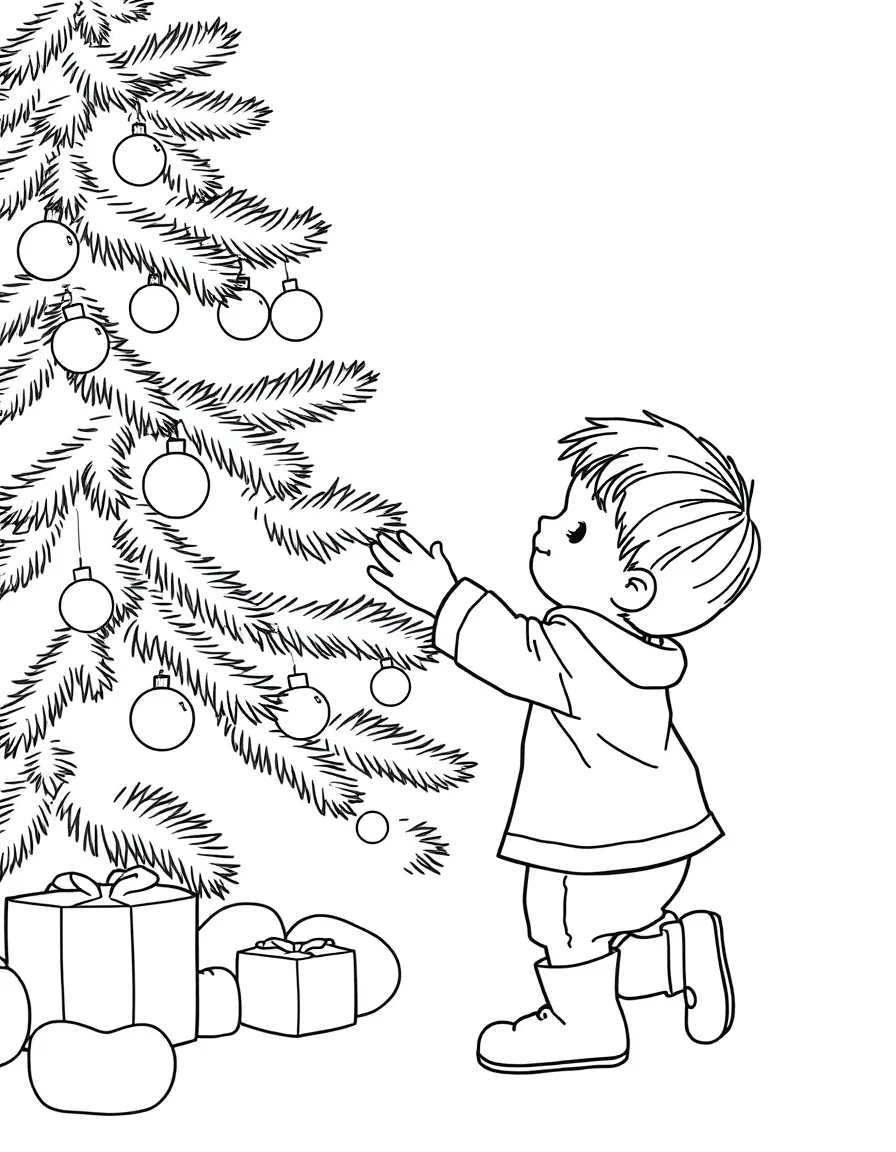 A child decorating a Christmas tree.