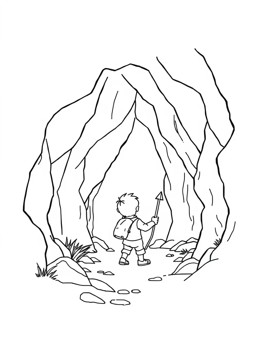 A child exploring a cave.