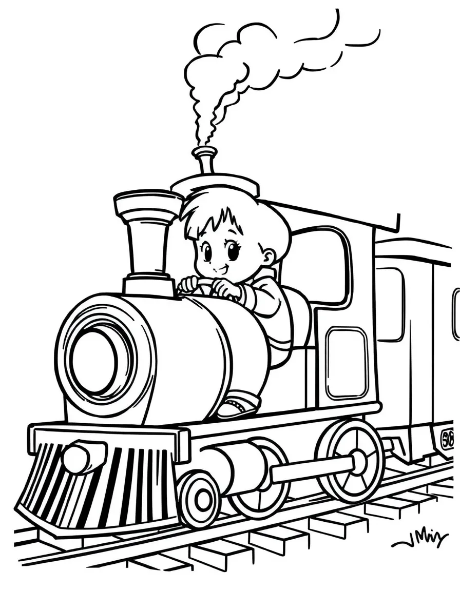 A child riding a train.