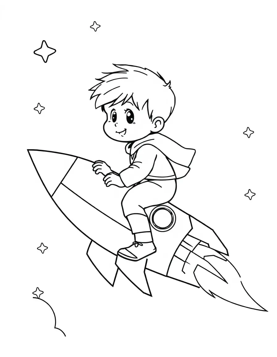 A child riding a rocket.