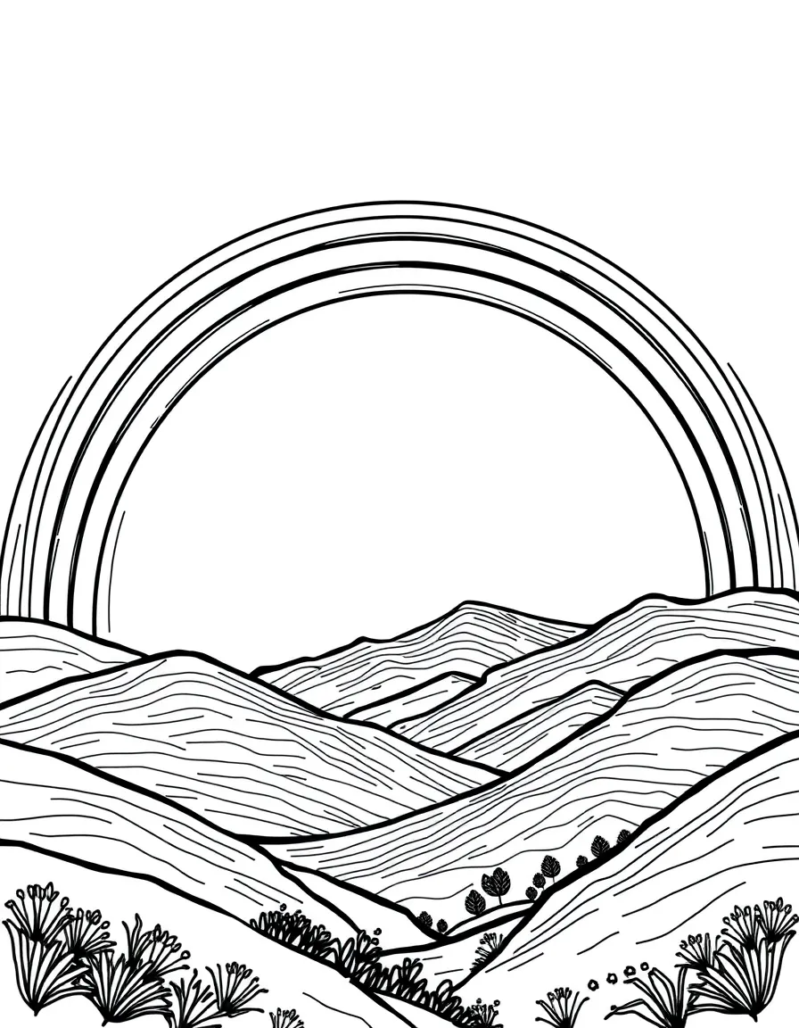 A rainbow arching over hills.
